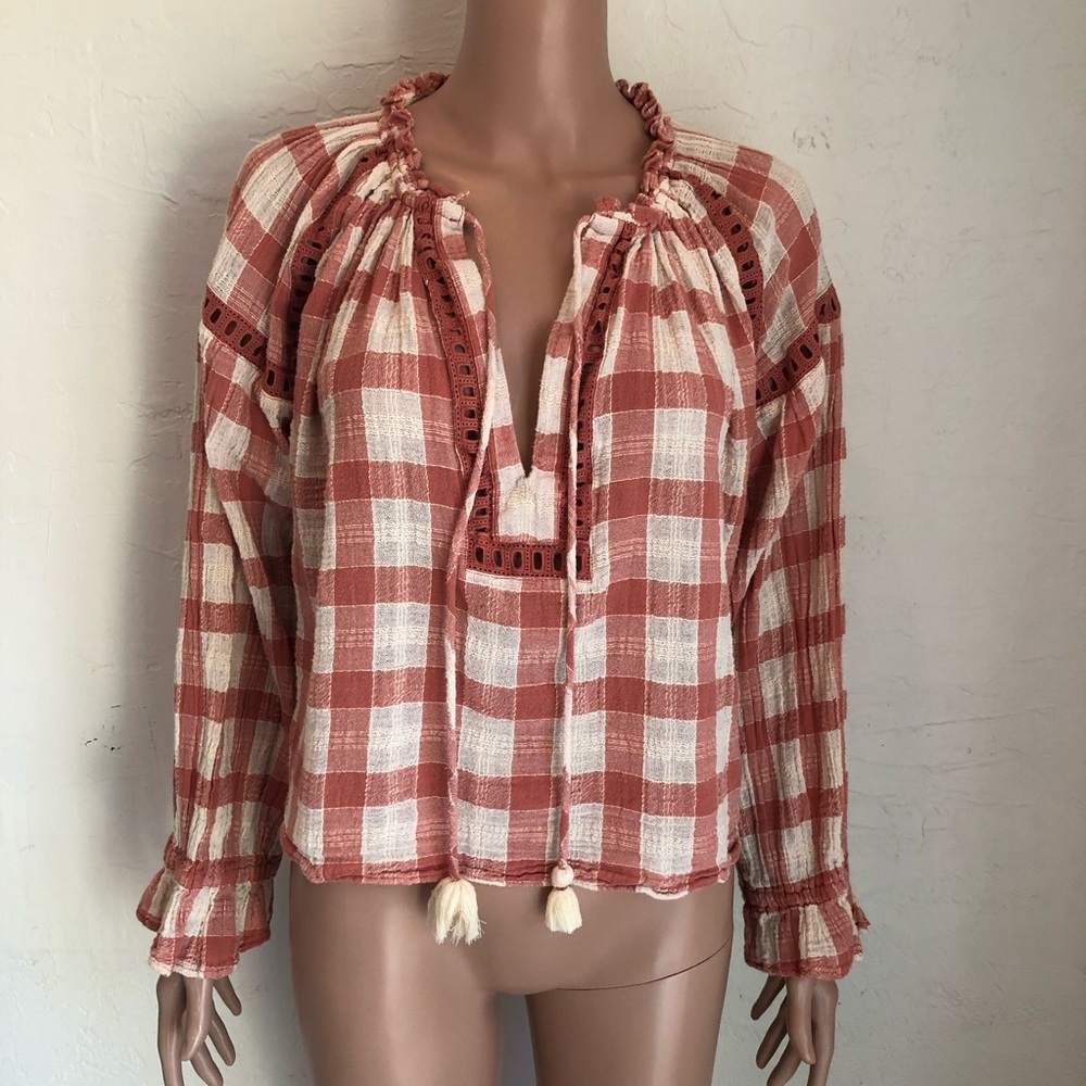 Free People women’s Size S Honey Grove Cream/Brick Plaid Cropped Blouse Shirt